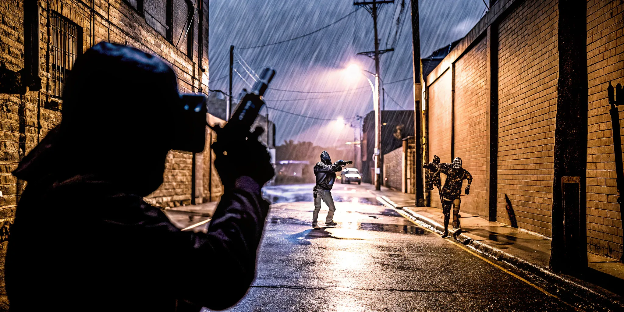 Armed players fighting zombies in a dark alley in a virtual reality game