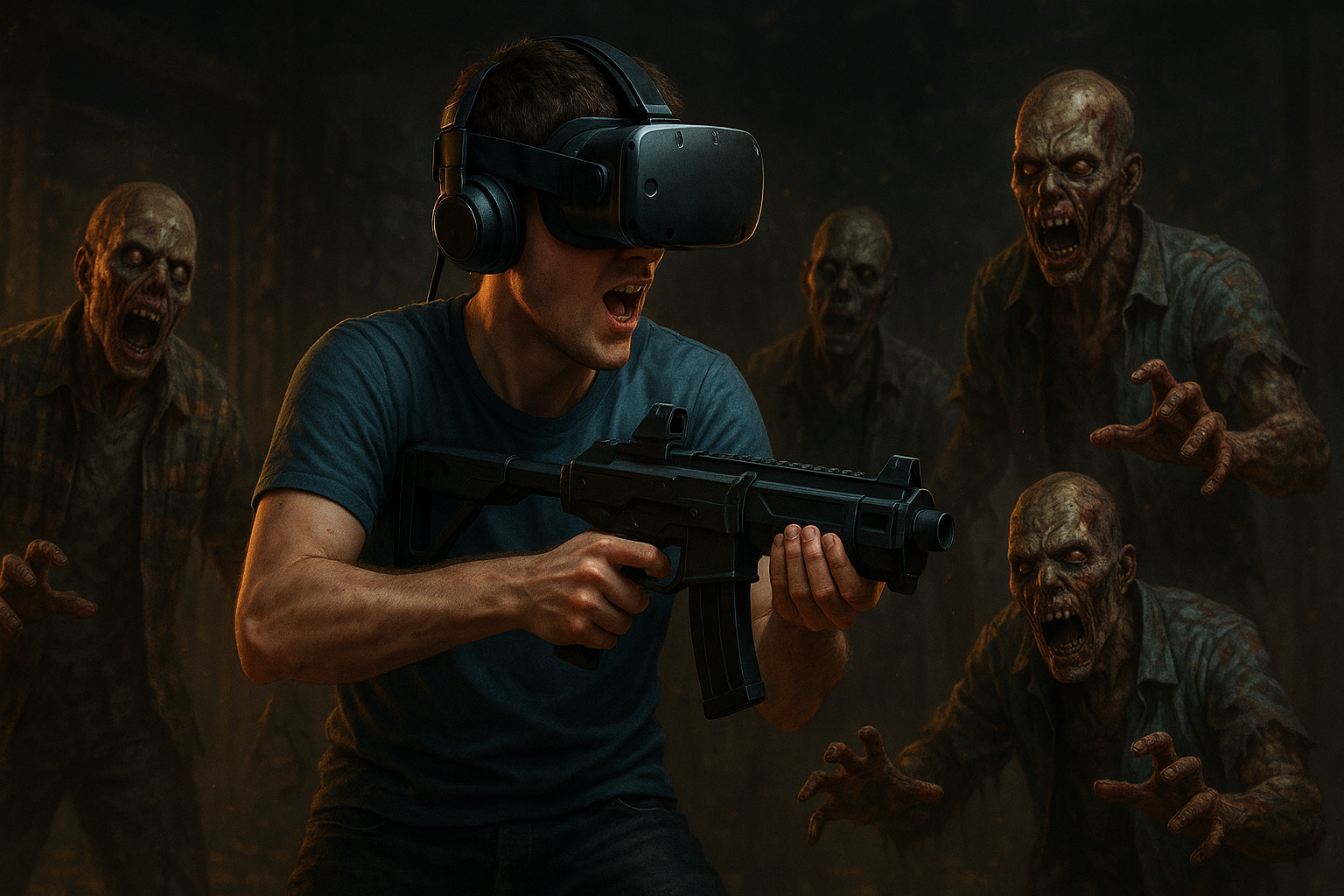 Player in VR headset battling zombies in free-roam virtual reality