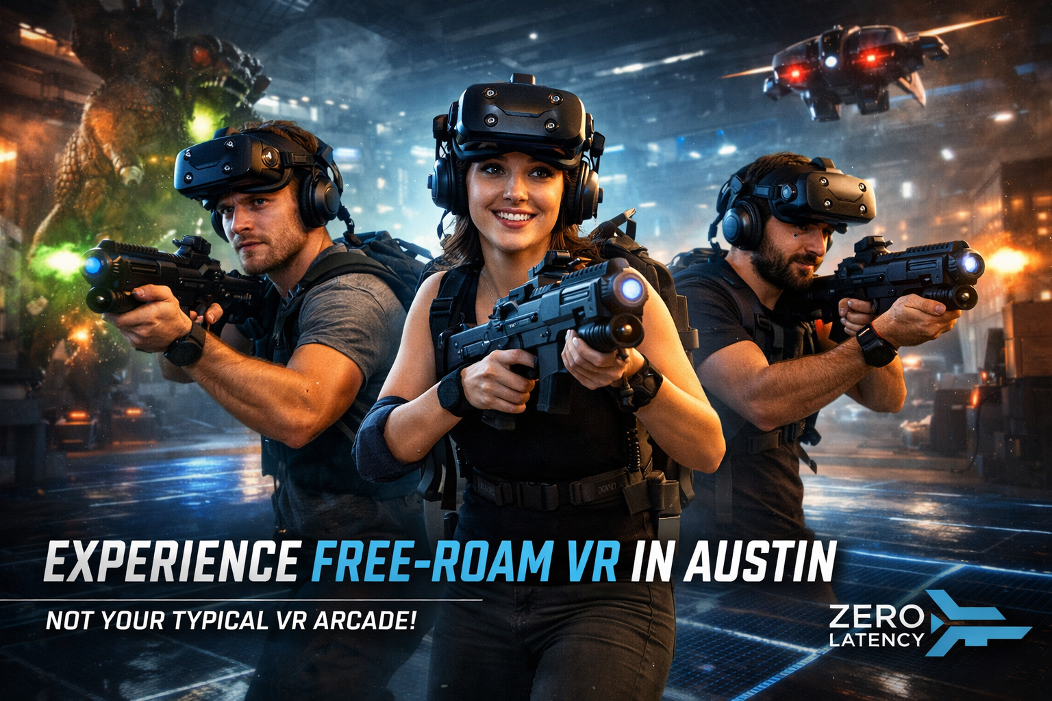 Three players in VR headsets with blasters — free-roam VR at Zero Latency Austin