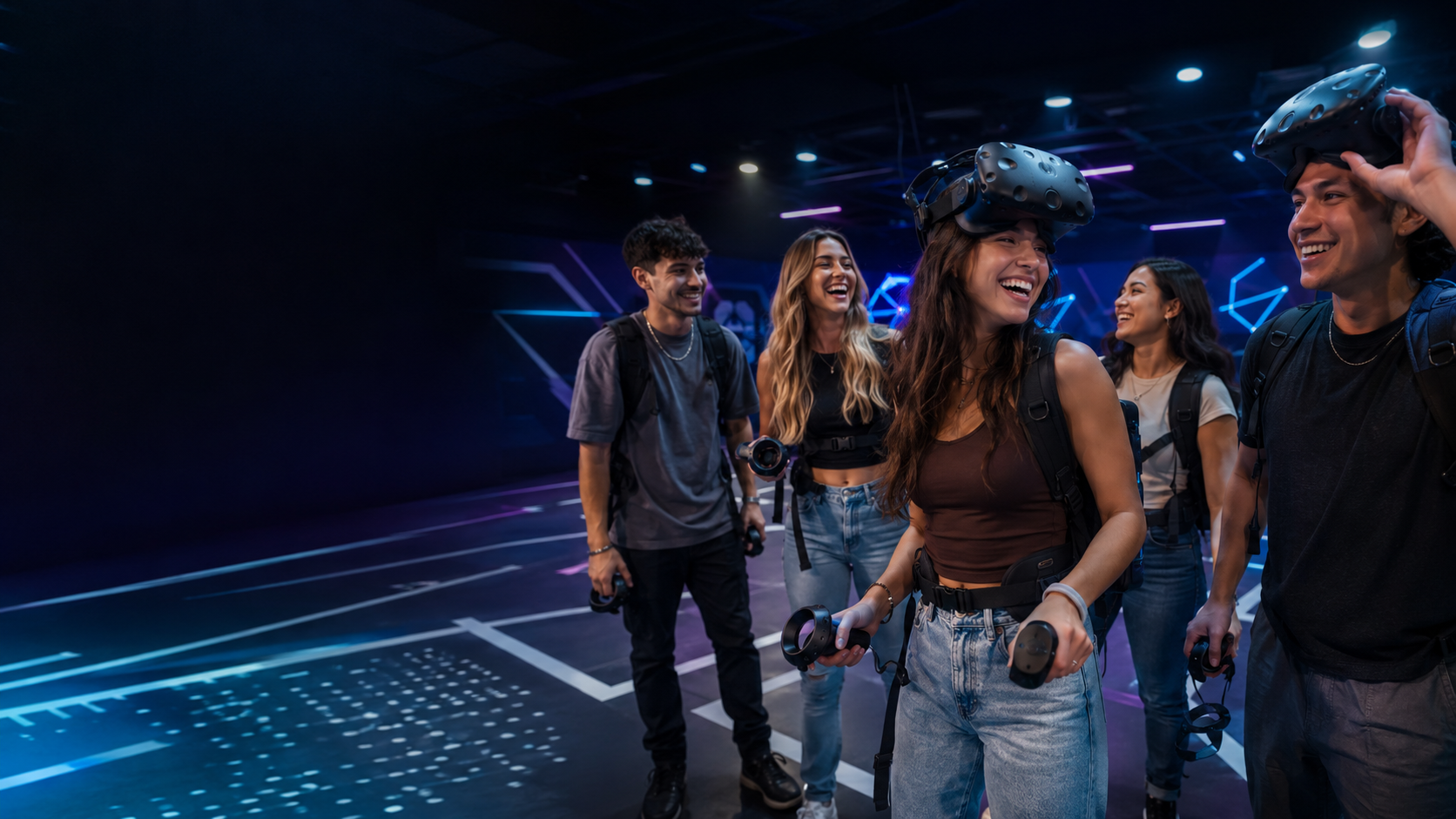 Friends laughing and enjoying free-roam VR at Zero Latency VR South Austin