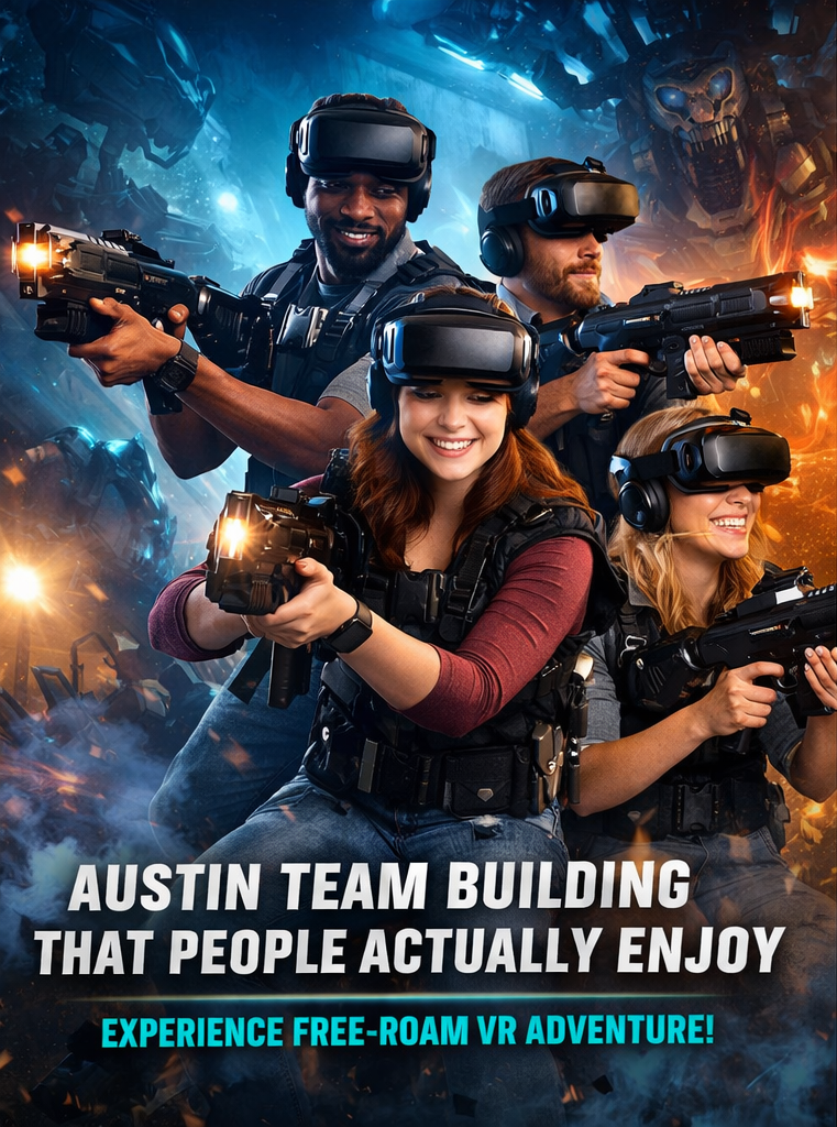 Austin team building with free-roam VR - team wearing VR headsets in action