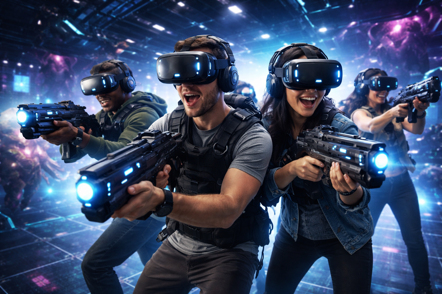 Friends playing free-roam VR together at Zero Latency Austin