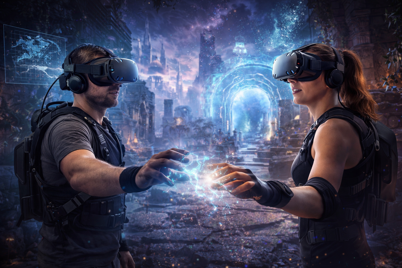 Two players in VR headsets experiencing immersive free-roam virtual reality together