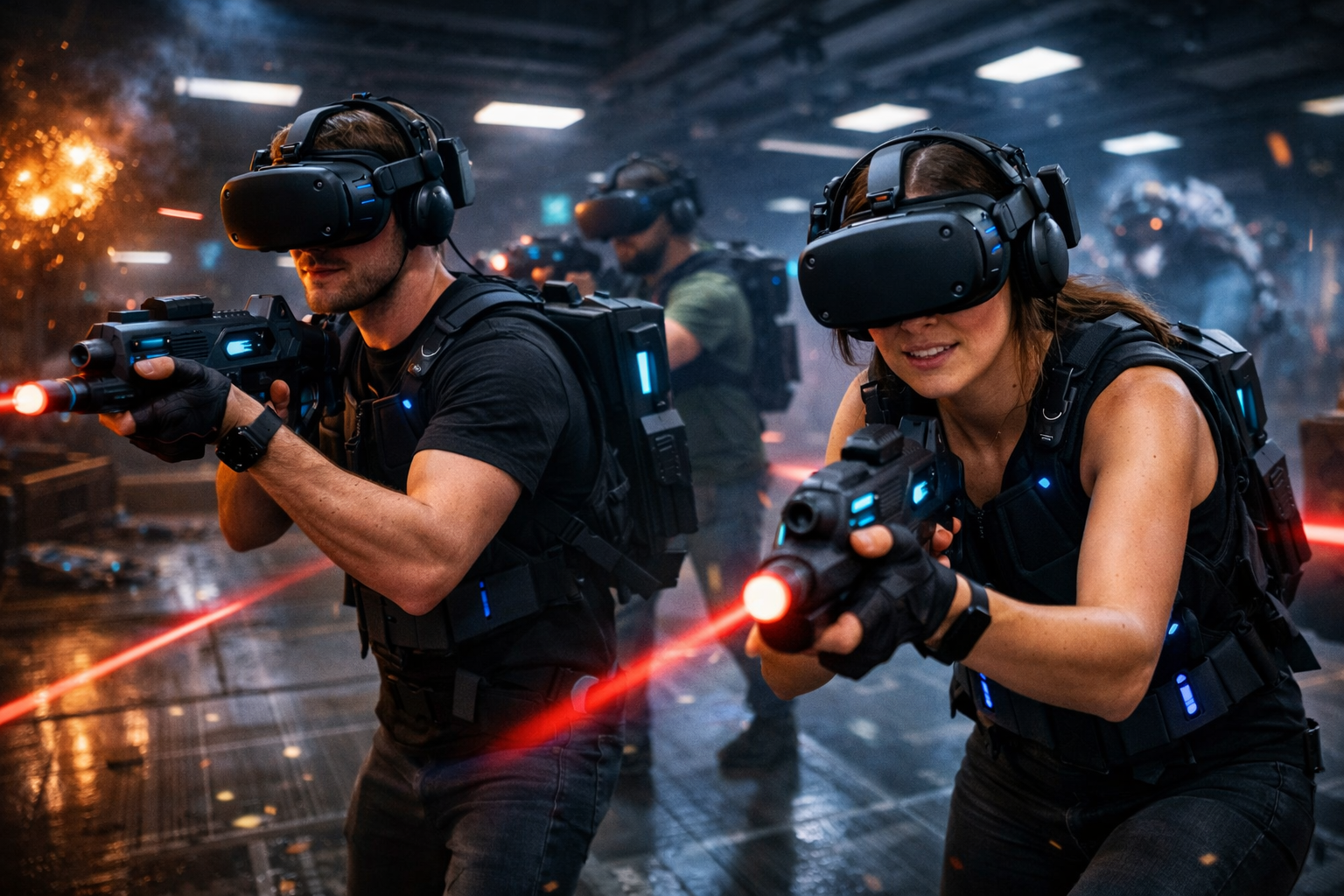 Free-roam VR players in arena-scale virtual reality experience
