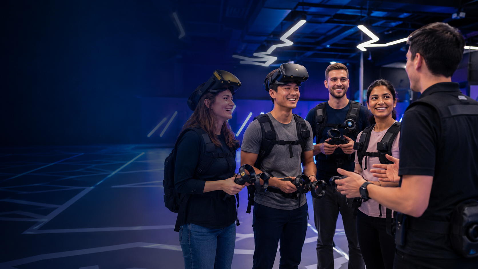 First-time VR players getting ready in the free-roam arena at Zero Latency VR South Austin