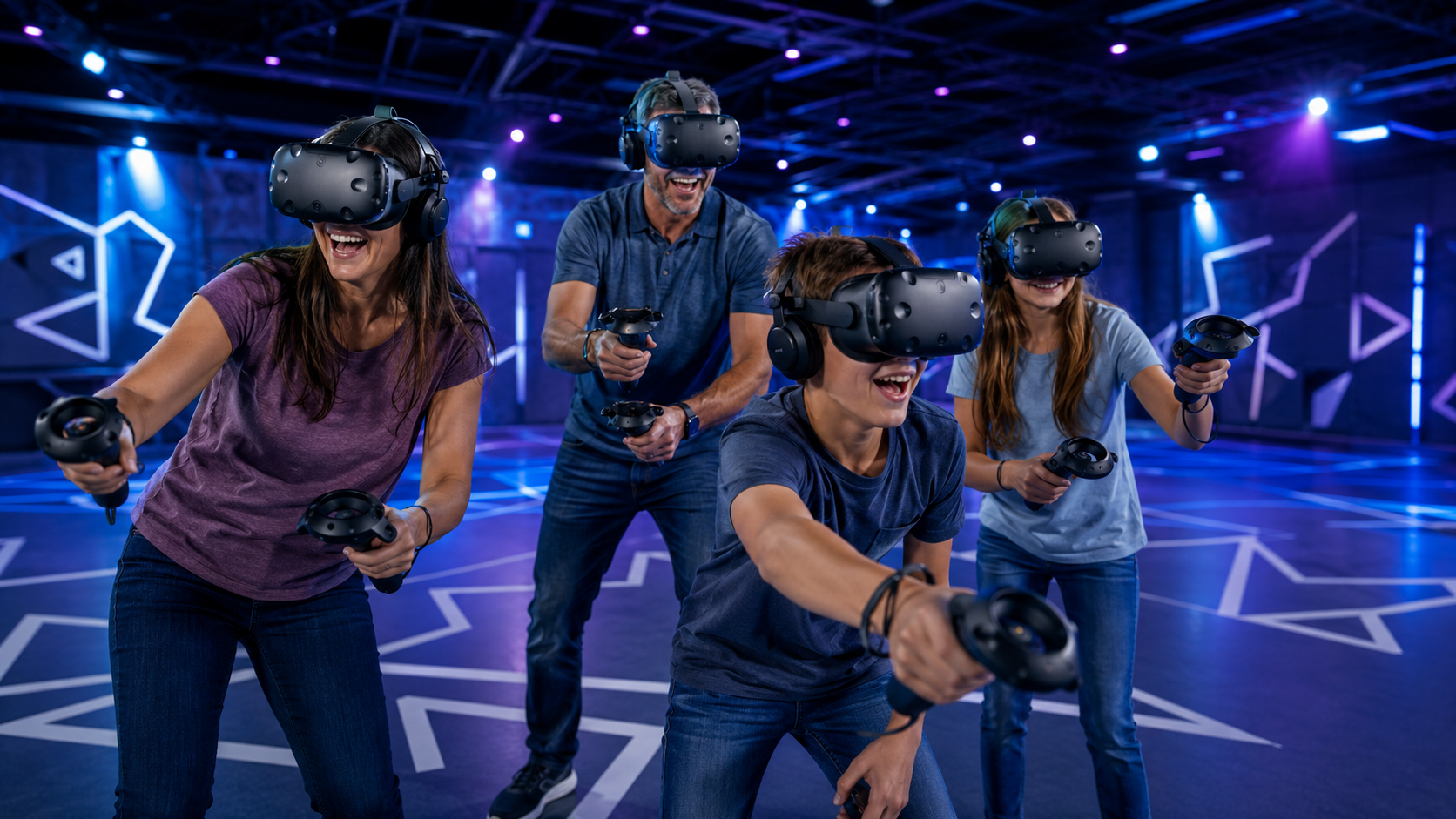 Family playing free-roam VR together at Zero Latency VR South Austin
