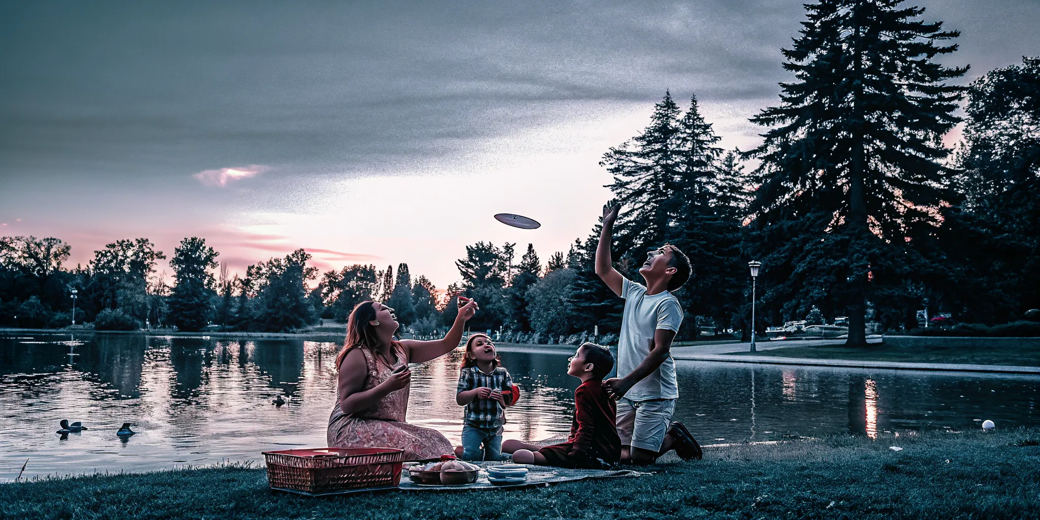 Family enjoying picnic by lake at sunset with children playing frisbee