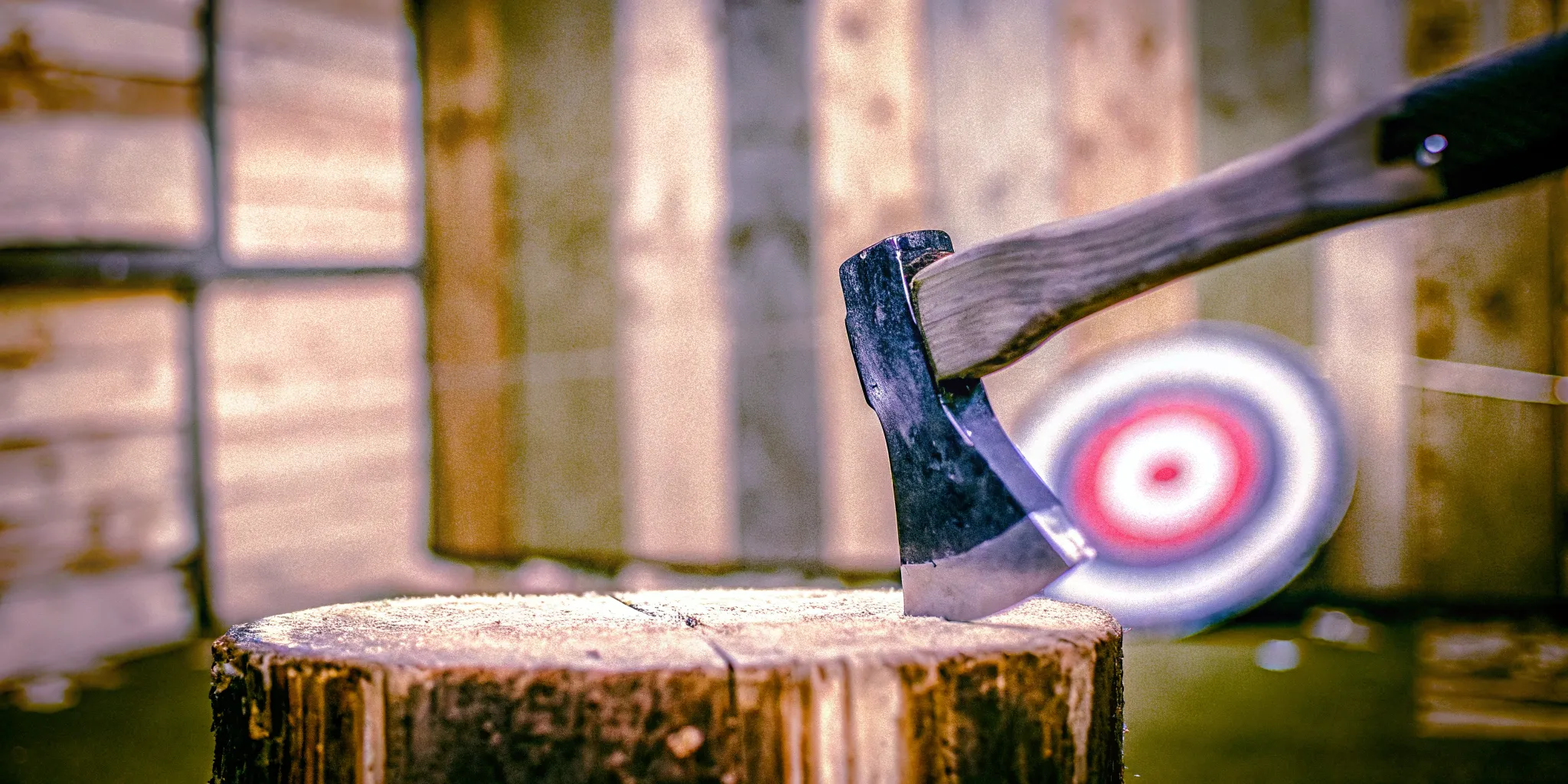 Axe embedded in wooden target with bullseye and blurred axe throwing lane in background