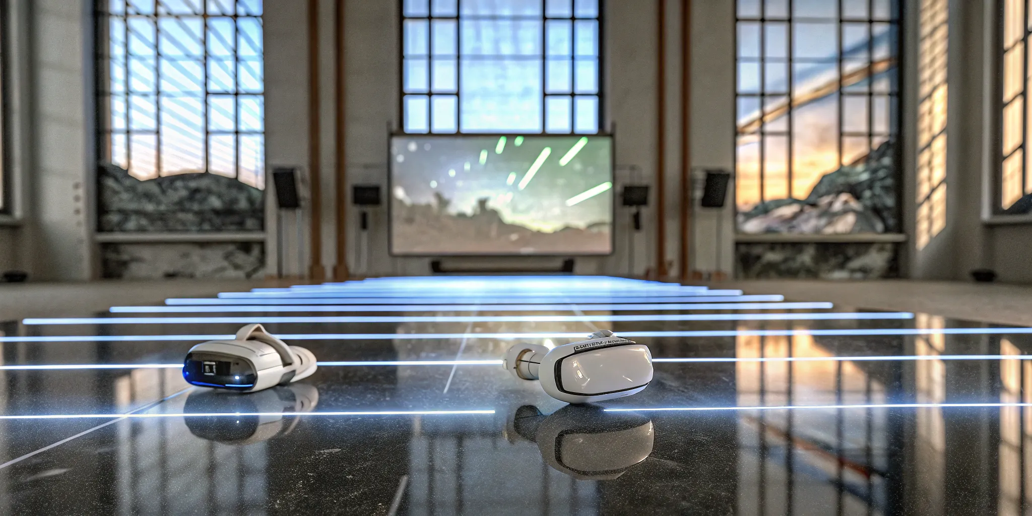 Modern tech space with VR headsets on reflective surface and digital displays in background
