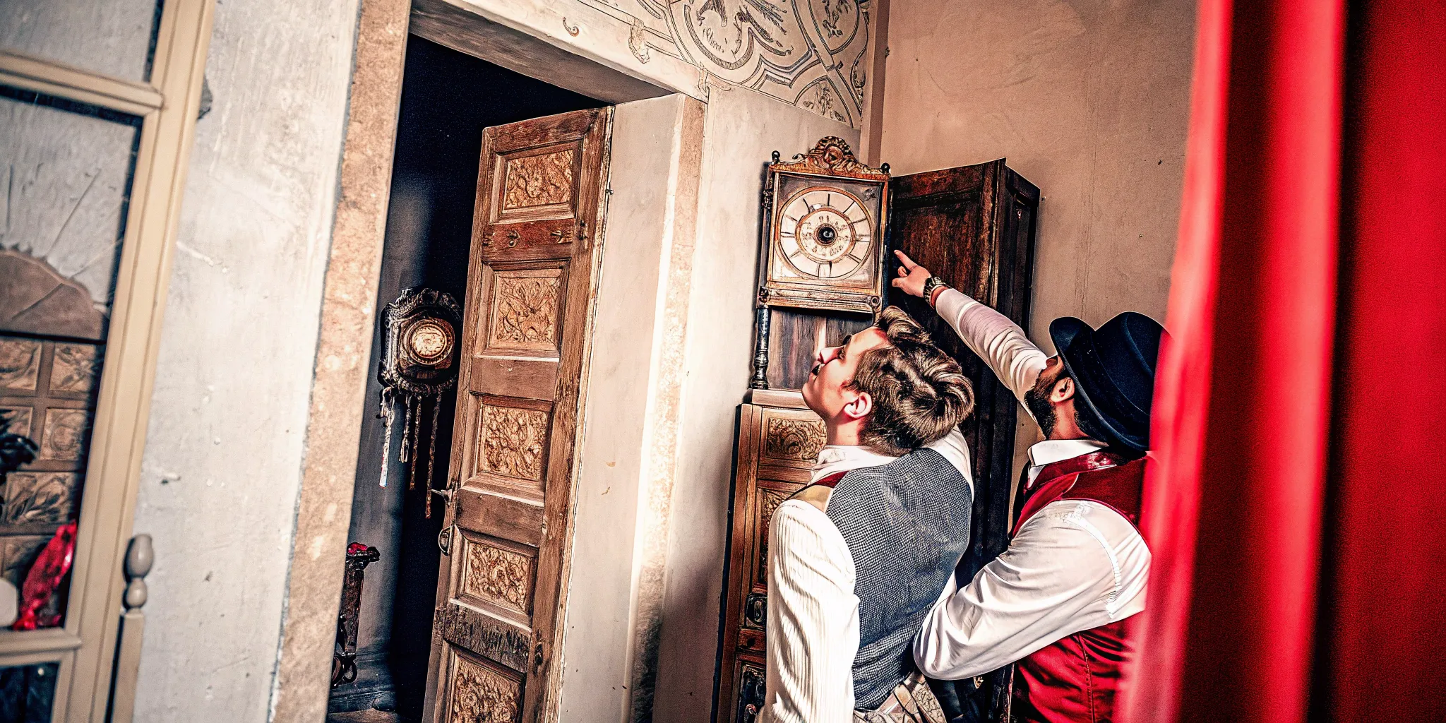 Two people working together to solve puzzles in a Victorian-style escape room with ornate wooden decor and a vintage clock