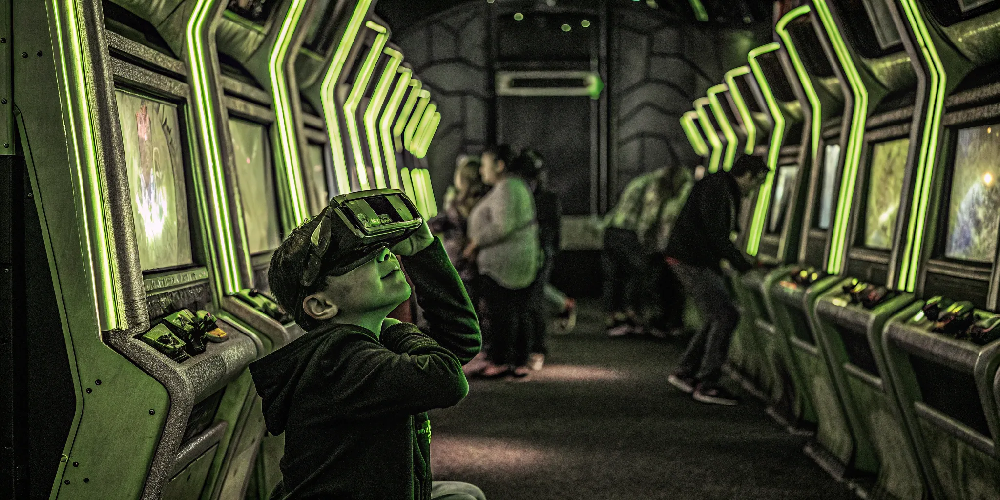 Person wearing VR headset in futuristic arcade environment with green neon lighting