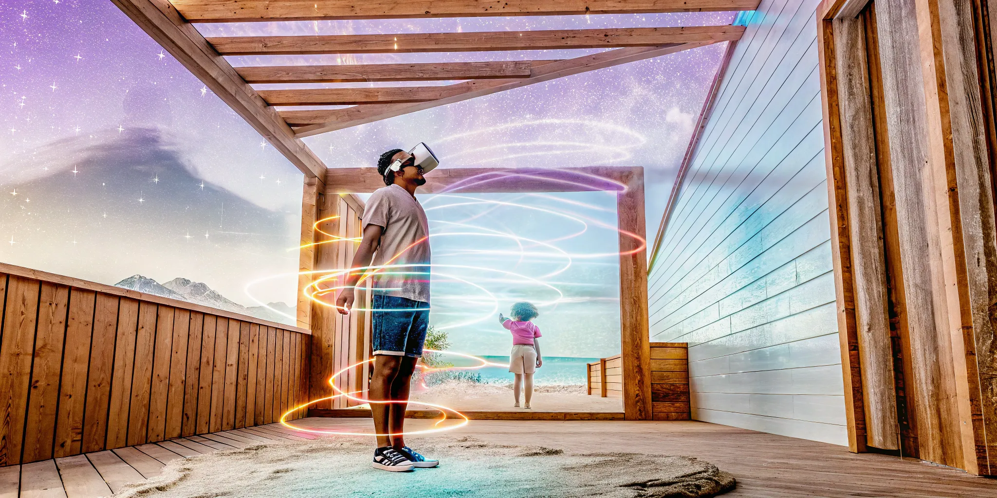 Person experiencing virtual reality on wooden deck with immersive digital portal