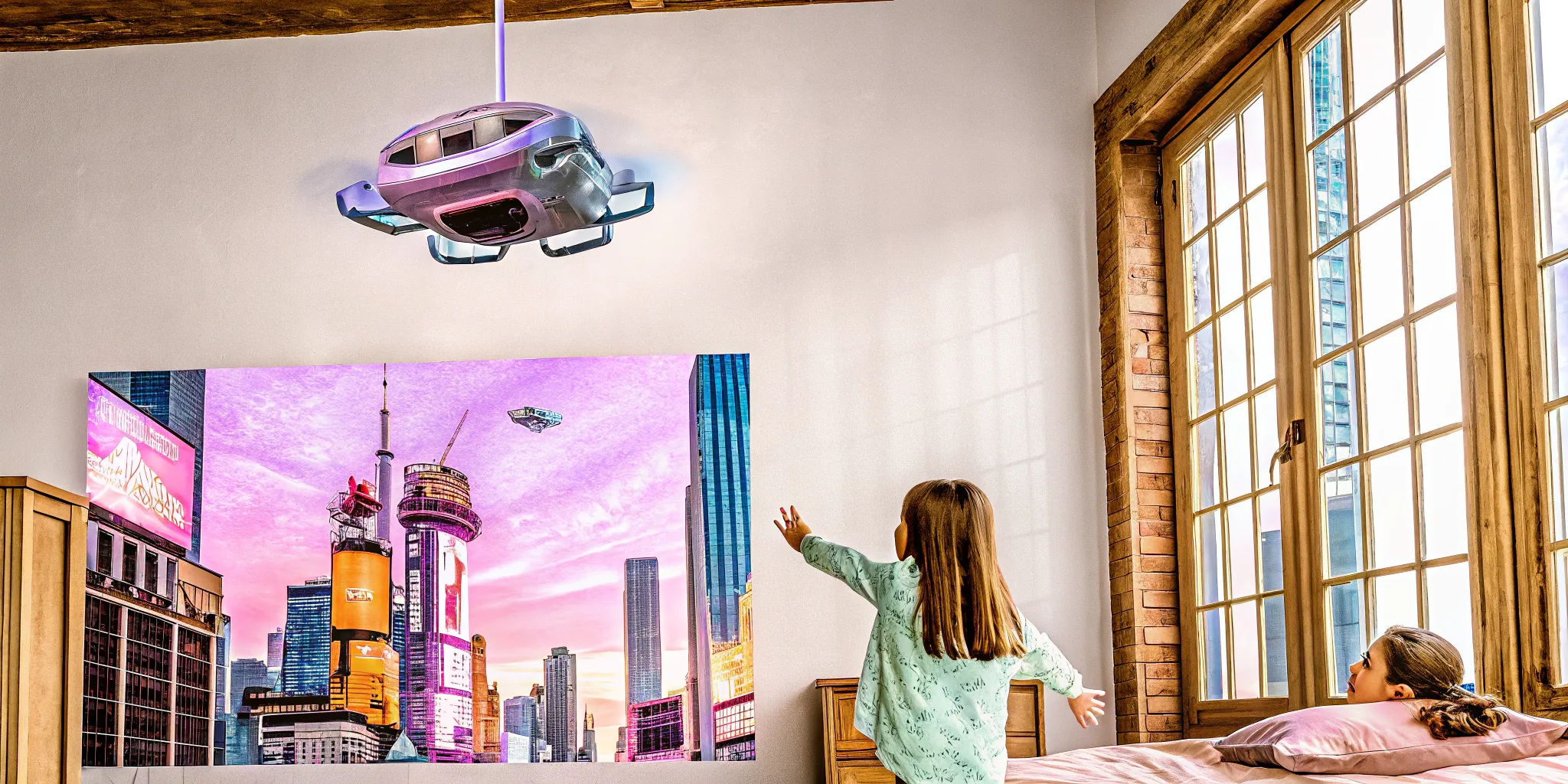 Futuristic VR setup in bedroom with girl experiencing virtual reality and holographic displays