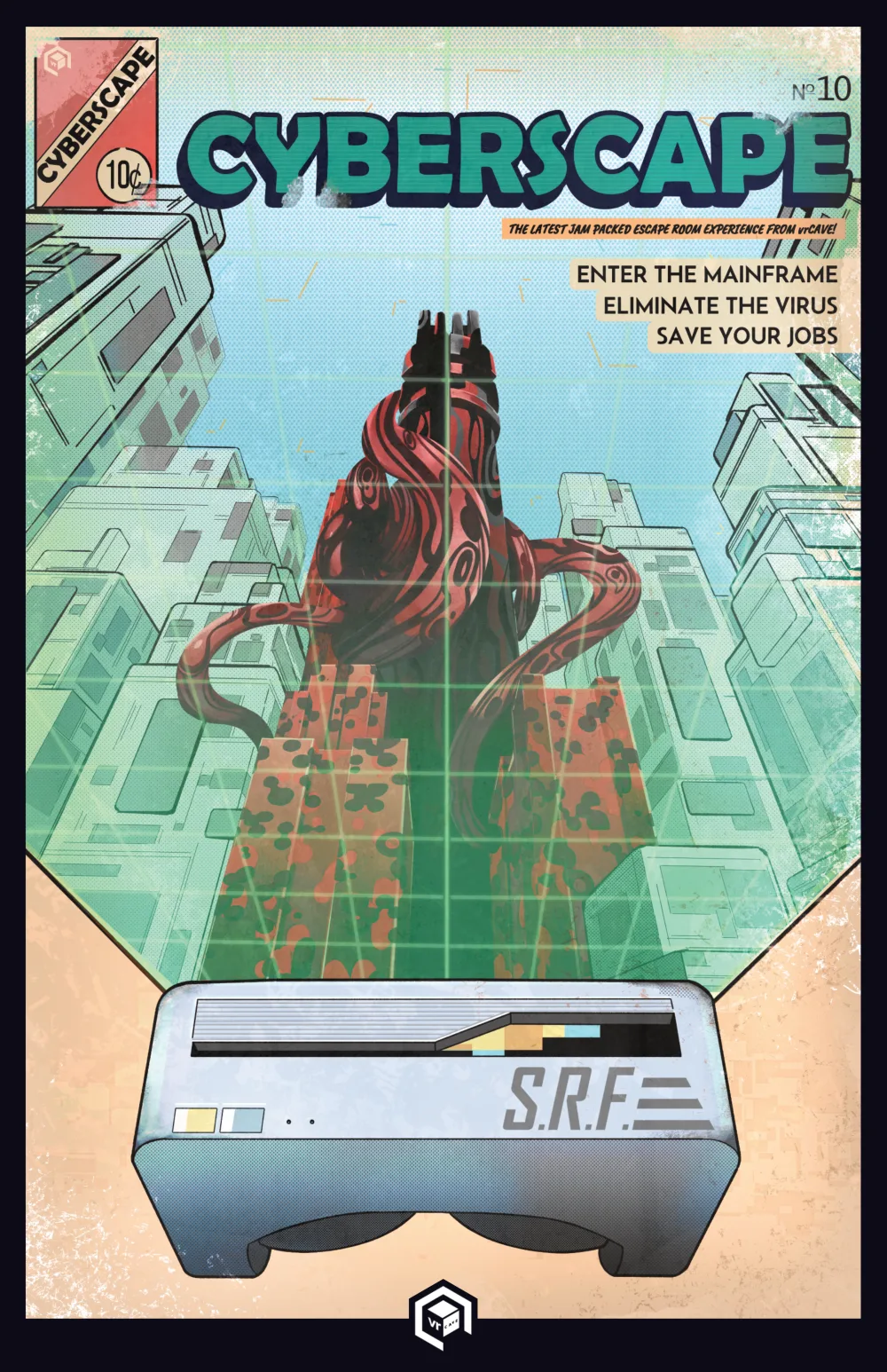 Cyberscape VR escape room poster — Enter the mainframe, hunt the virus, save SRF