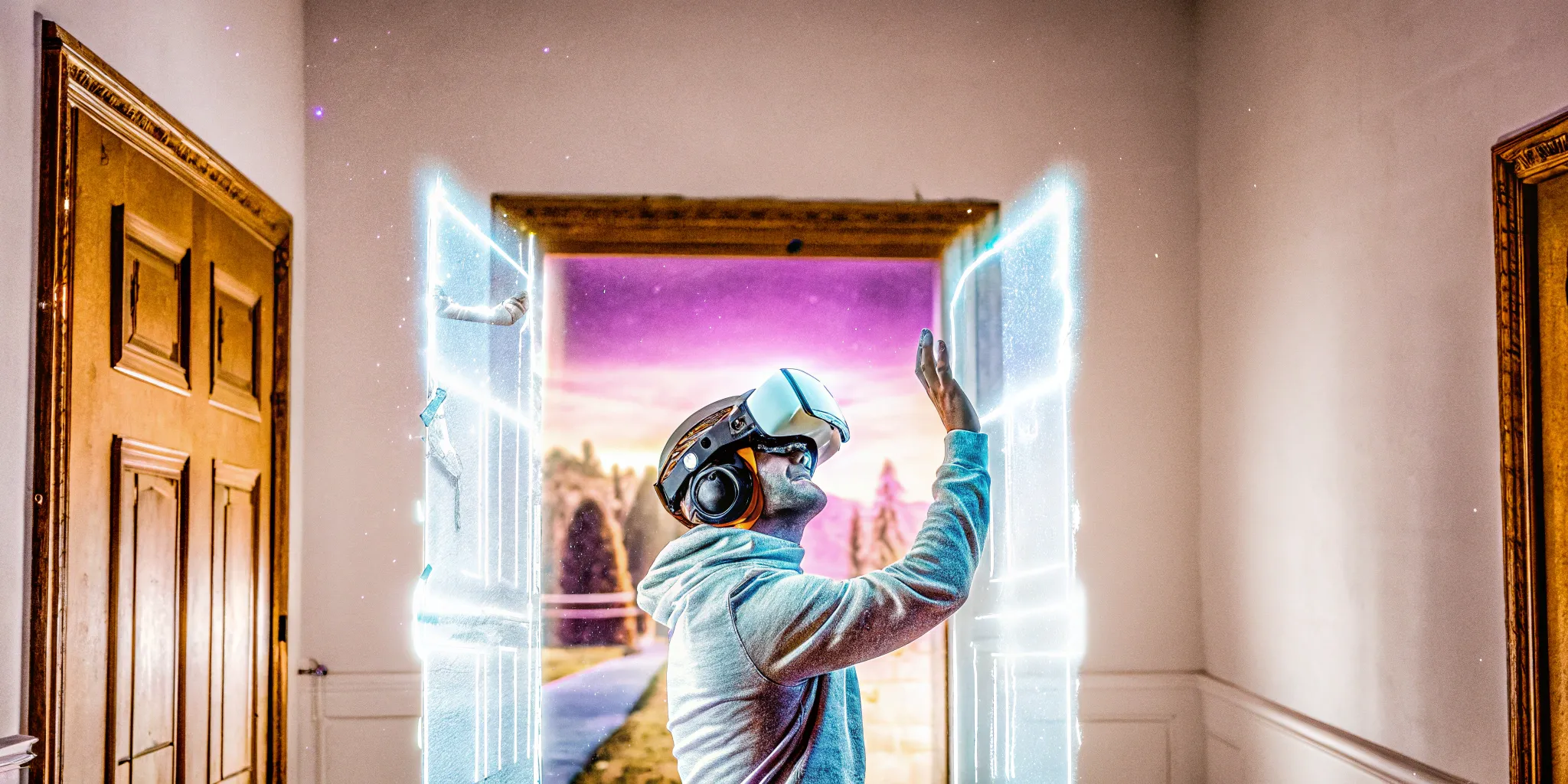 Person experiencing advanced virtual reality technology with immersive digital portal