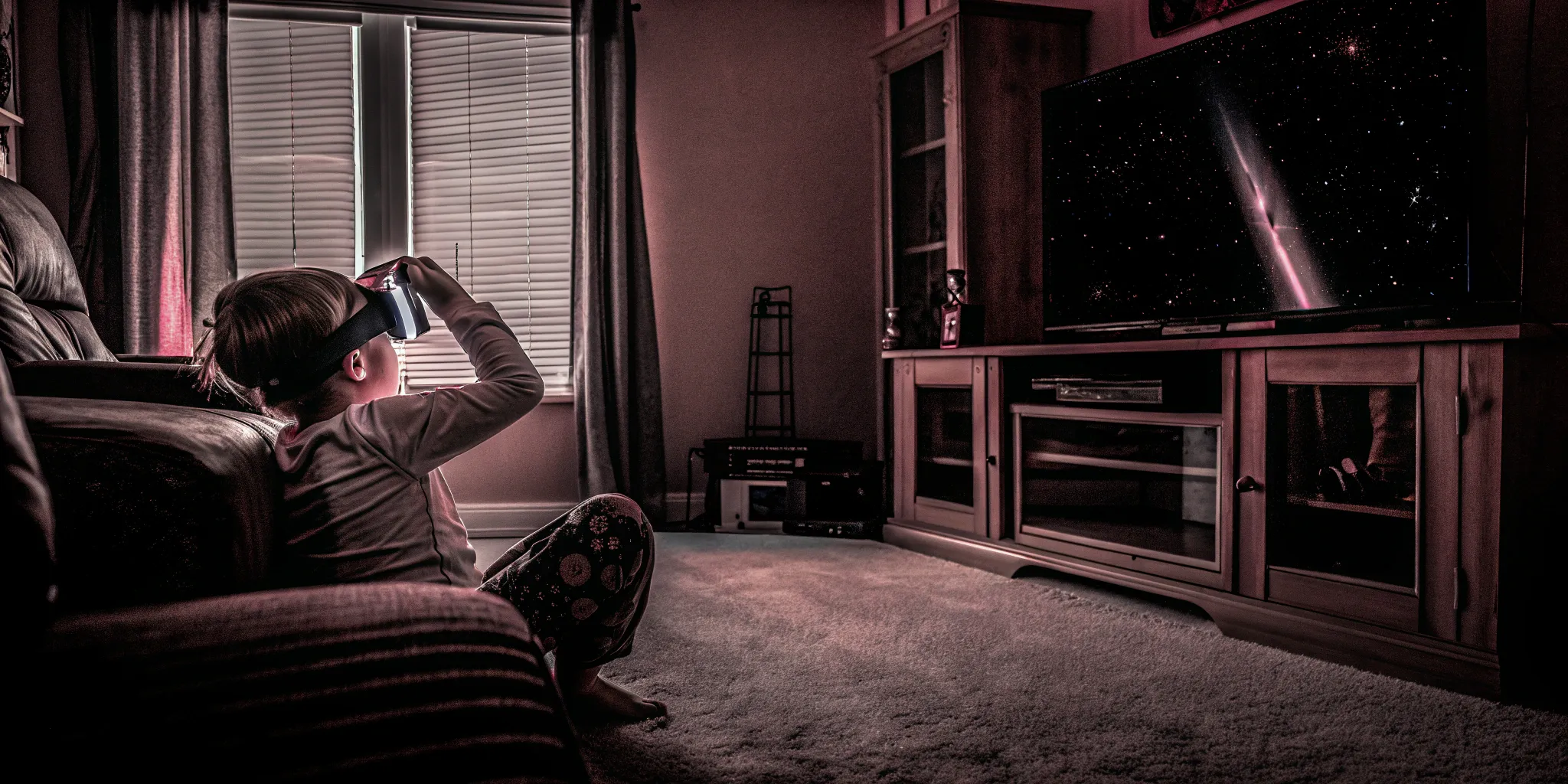A child using a virtual reality headset, a major factor in how much the entire system costs.