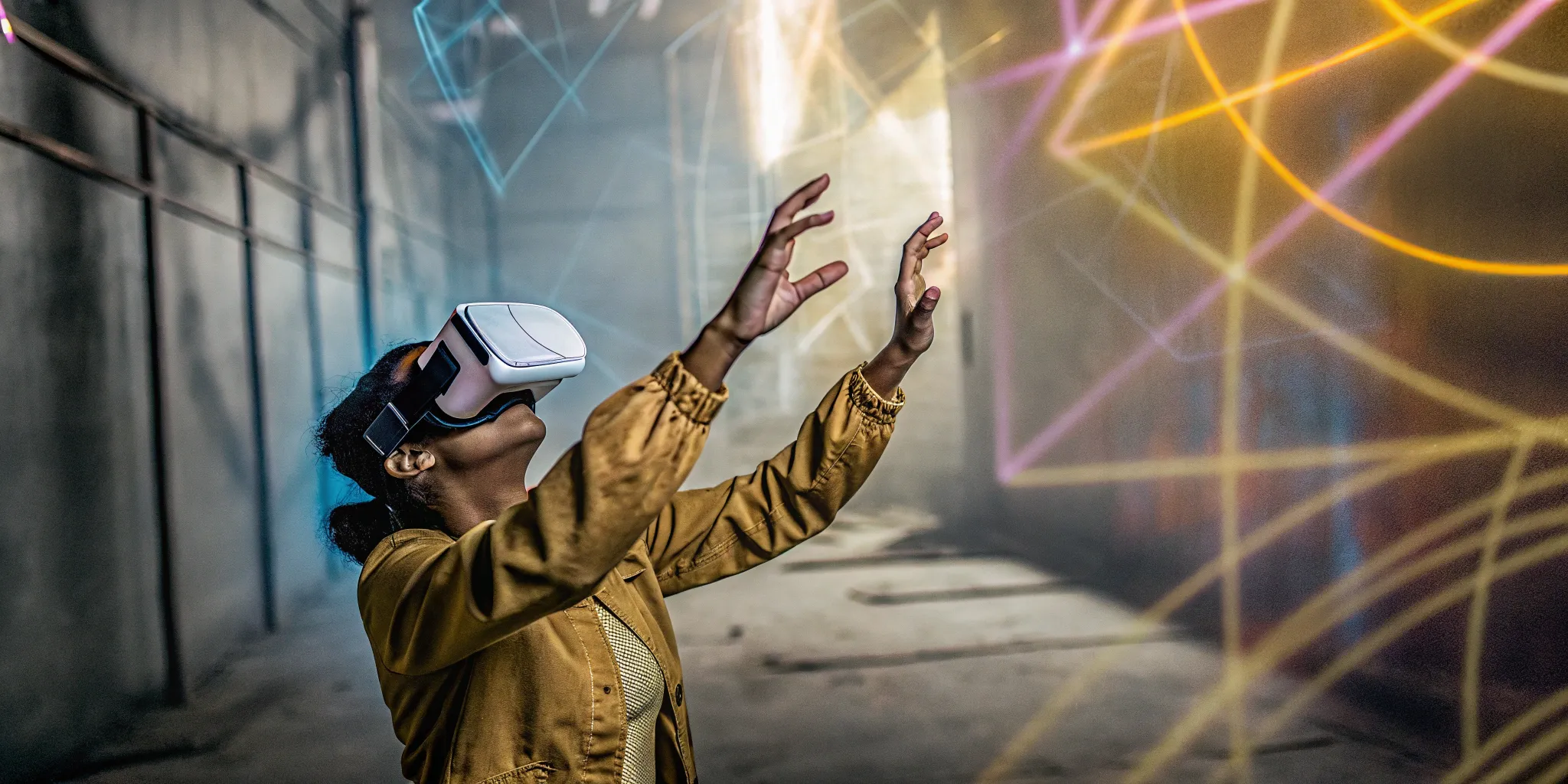 Person experiencing virtual reality with immersive movement technology
