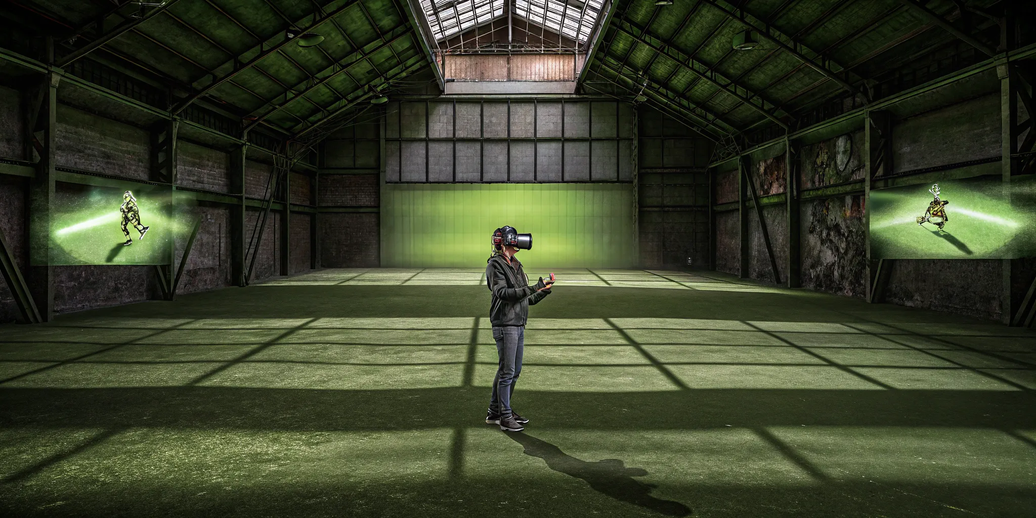 A player explores a virtual world in a free-roam zerolatency VR arena.