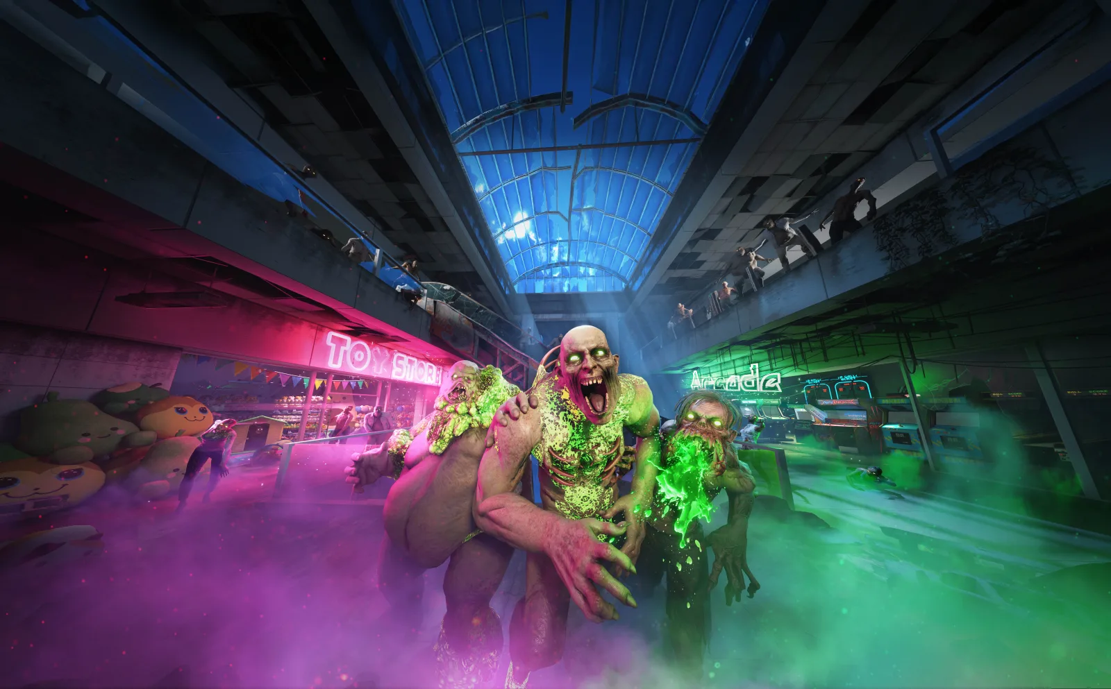 Outbreak 2 Mall Mayhem - Zombies attacking in a neon-lit mall arcade