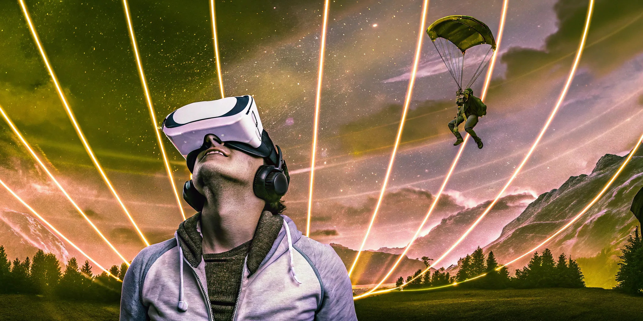 Person wearing VR headset with futuristic digital landscape and parachuting figure in background