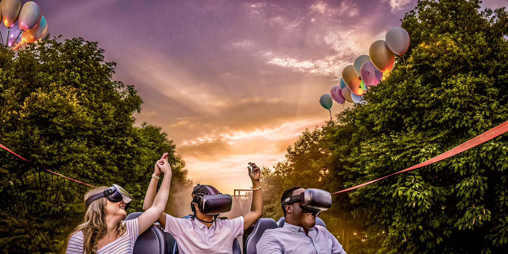Friends celebrating birthday with VR headsets and balloons in Austin