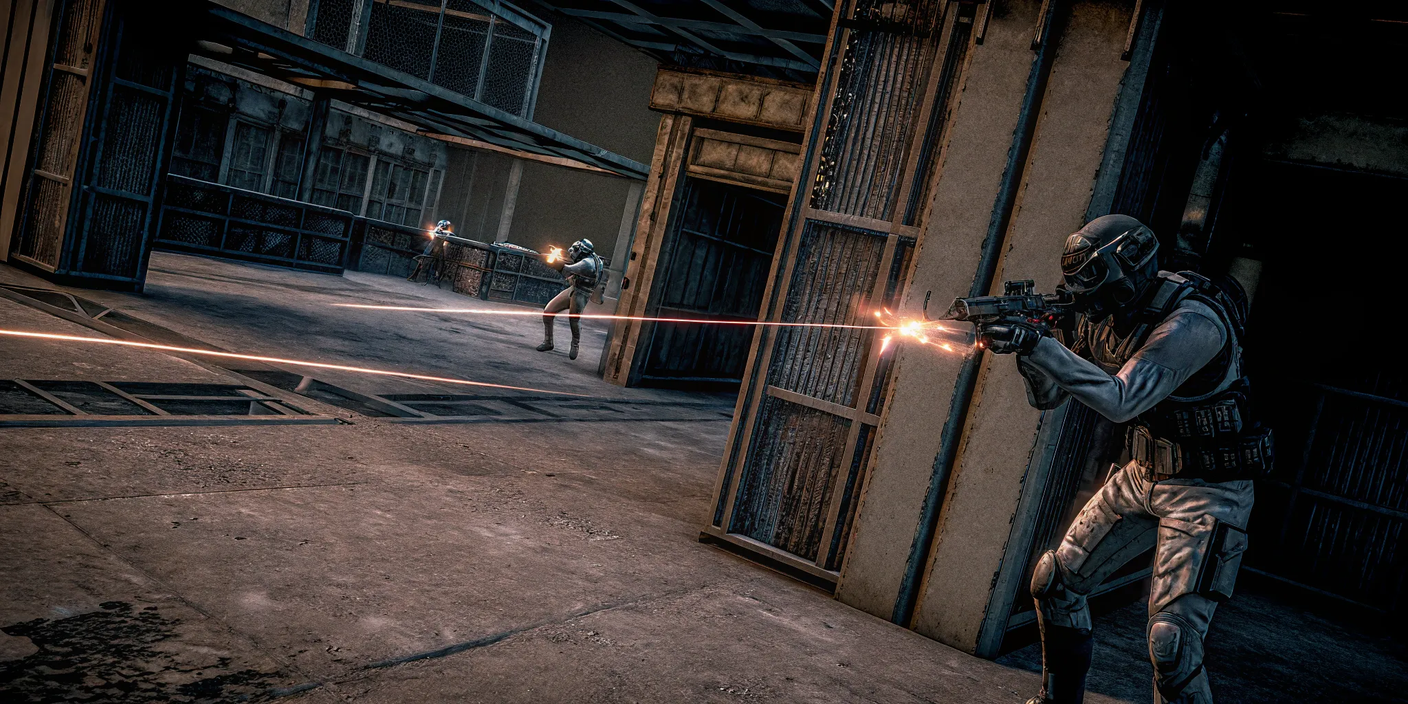 VR shooter players in tactical gear engaging in virtual warfare
