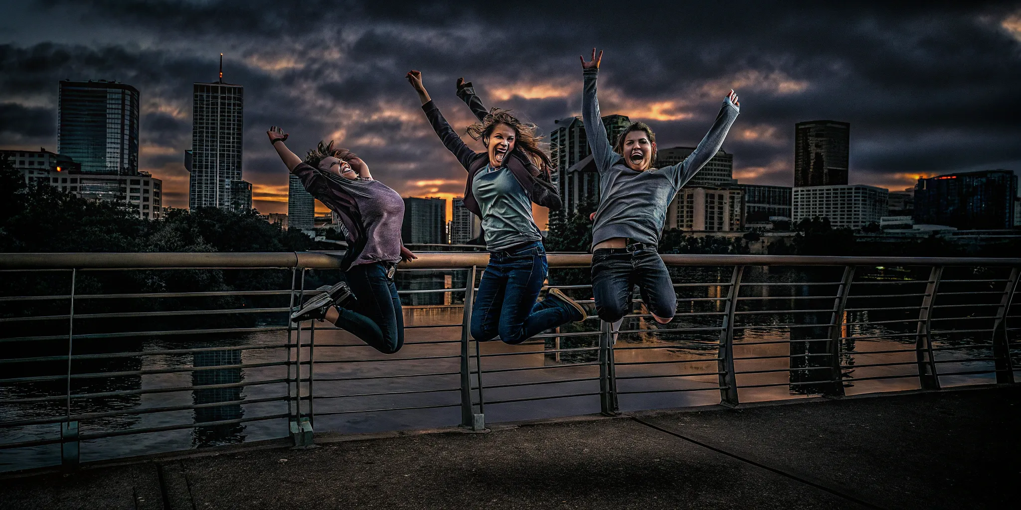 Friends celebrating bachelor party in Austin with city skyline and Lady Bird Lake in background