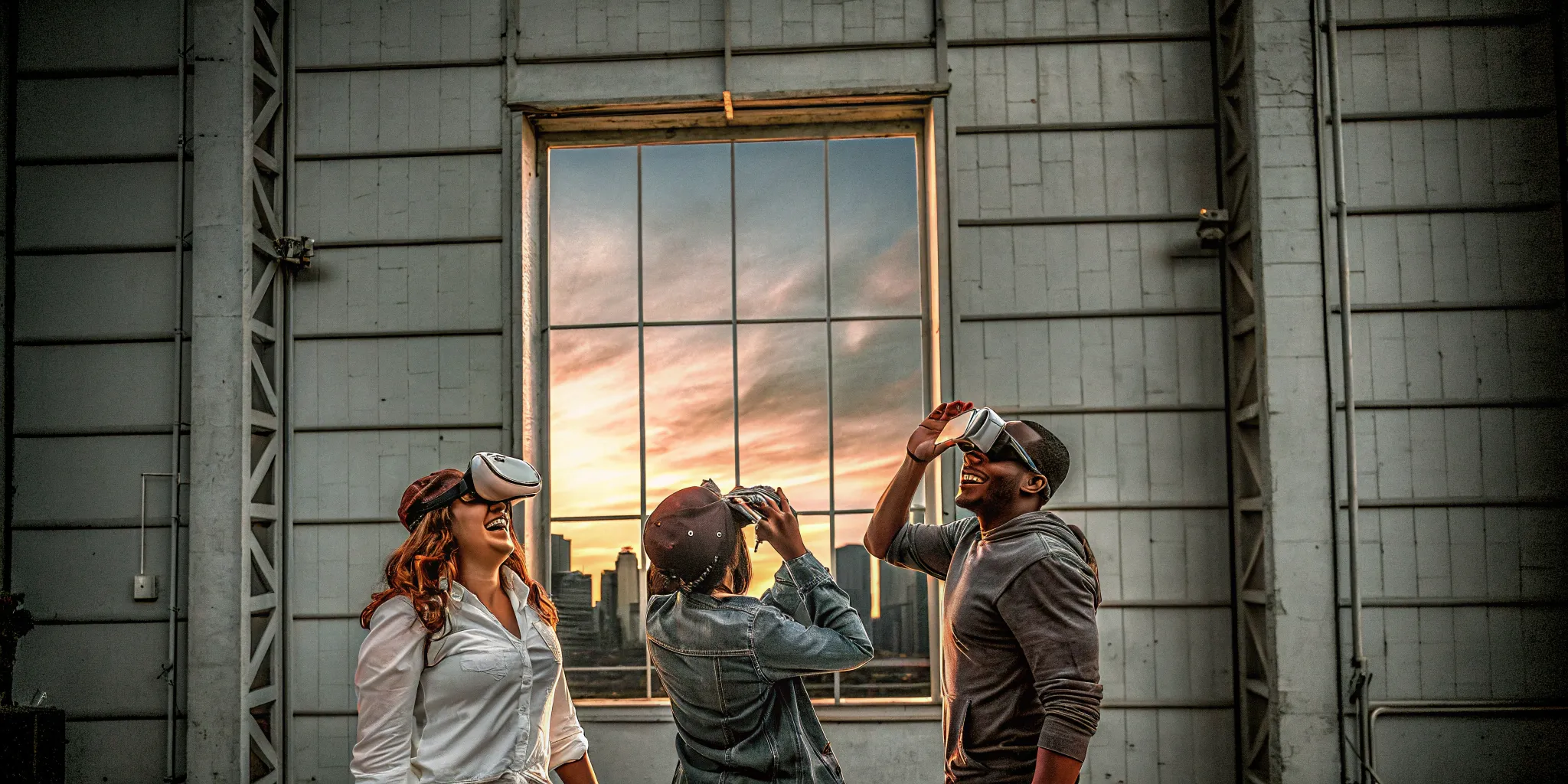 People enjoying virtual reality experiences in Austin with city skyline in background