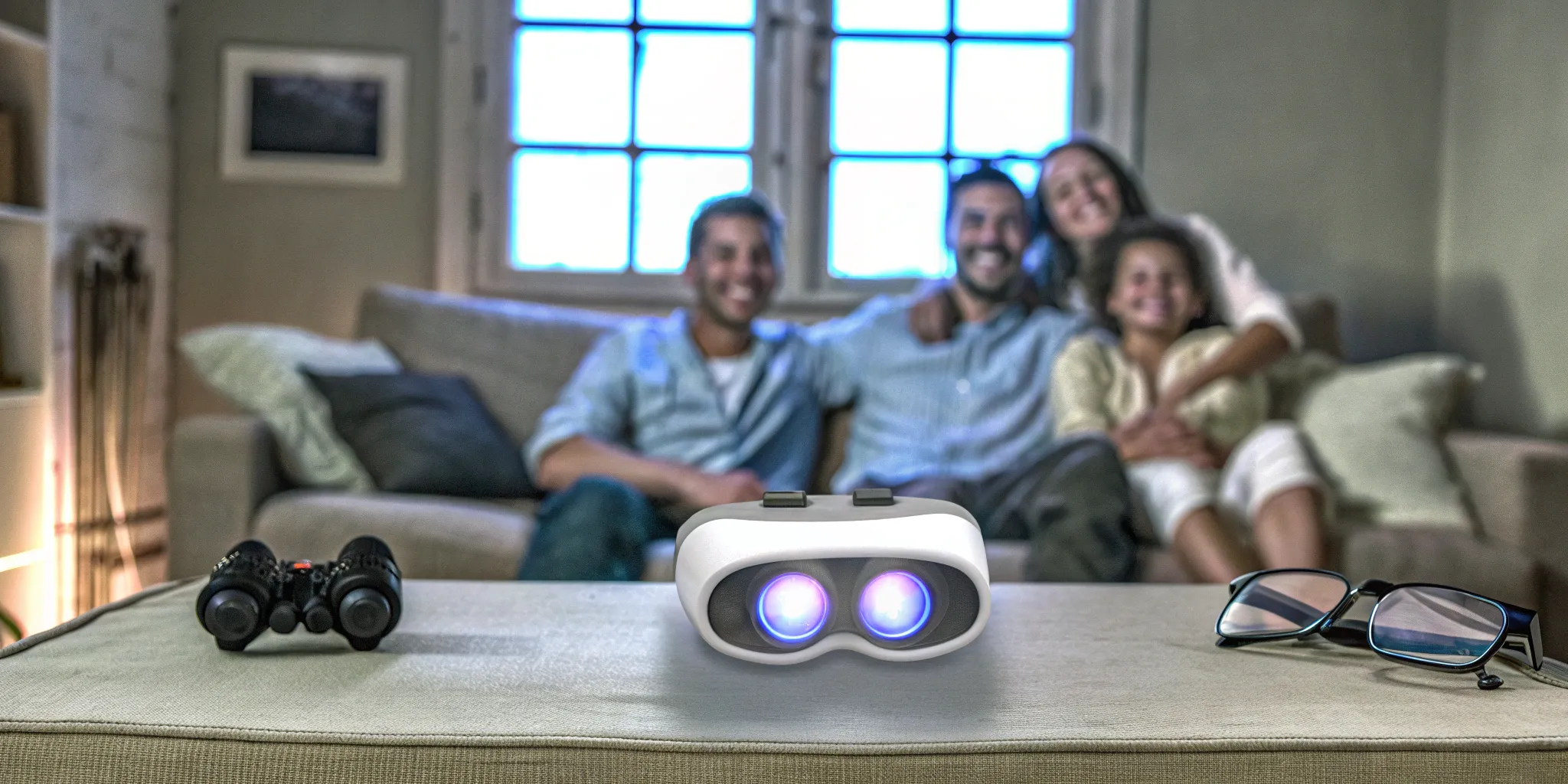 VR headset on coffee table with happy family in background, symbolizing team bonding technology