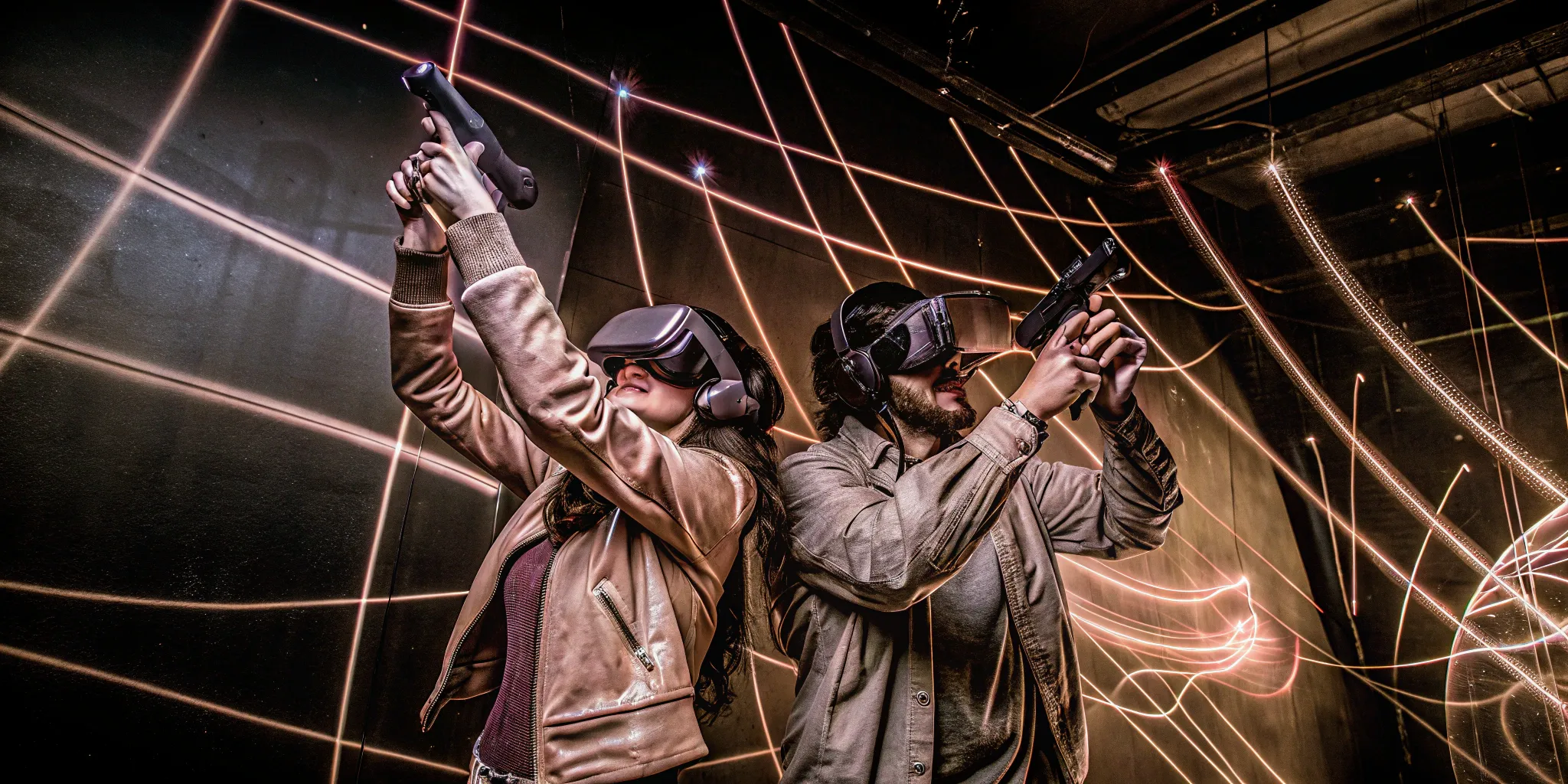 Two colleagues wearing VR headsets collaborating in an immersive digital environment with light trails