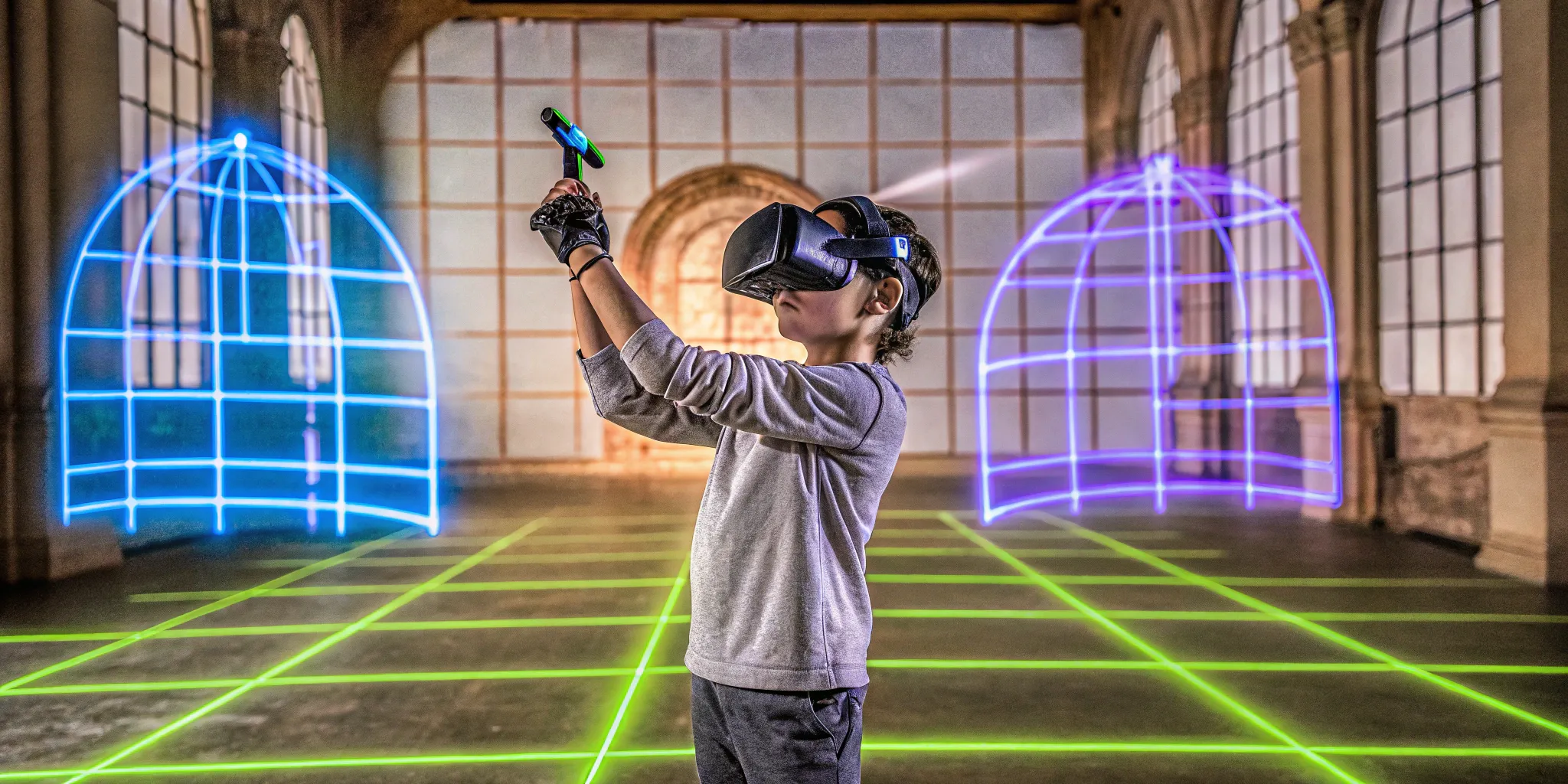 Gamer wearing VR headset and gloves in virtual reality game.