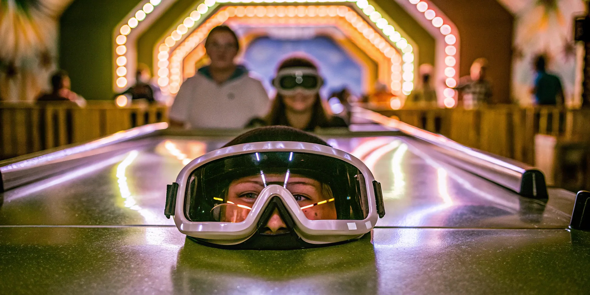 Person wearing VR goggles in modern arcade setting with colorful lights
