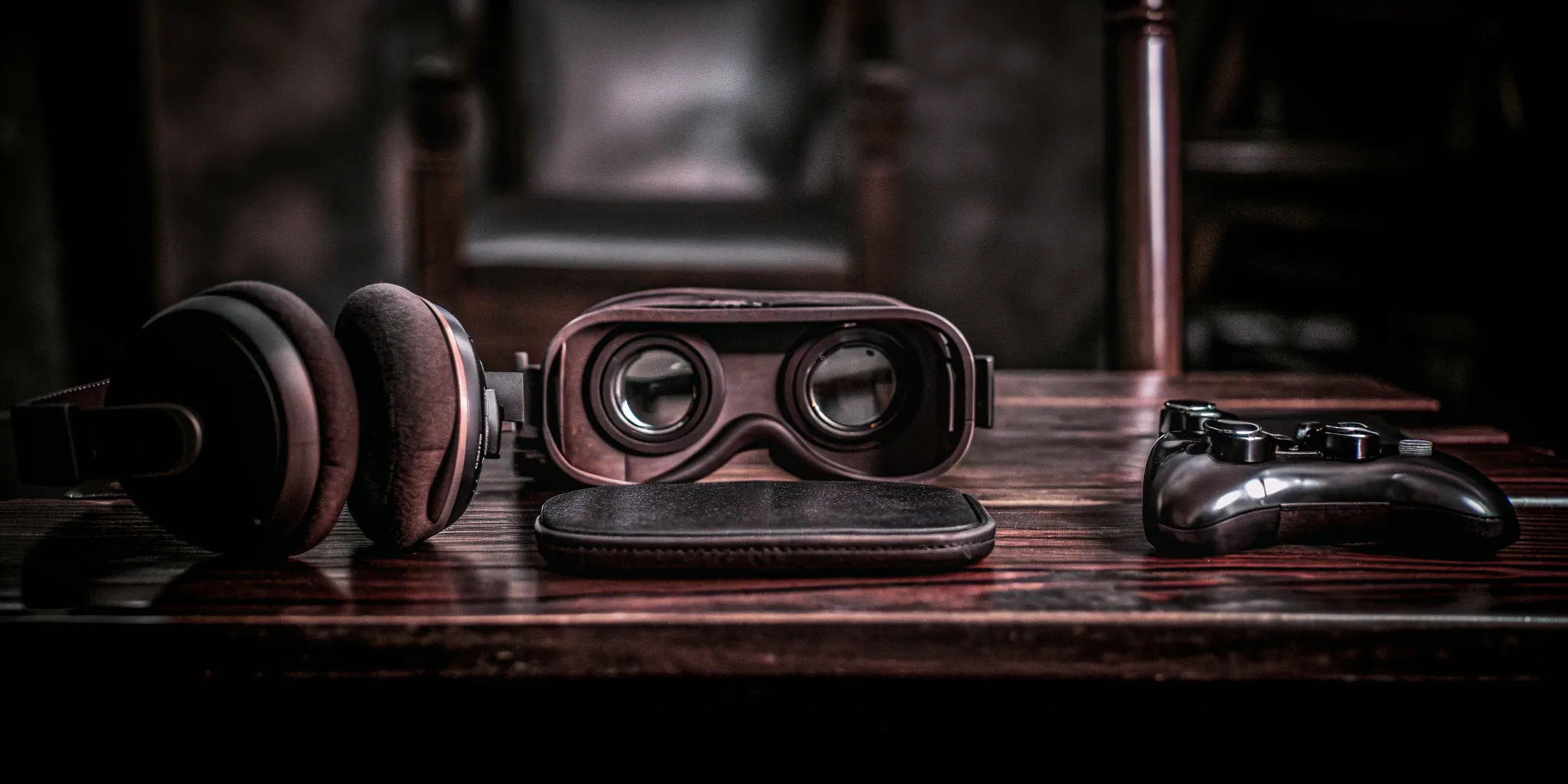 VR headset, controllers, and headphones on a desk